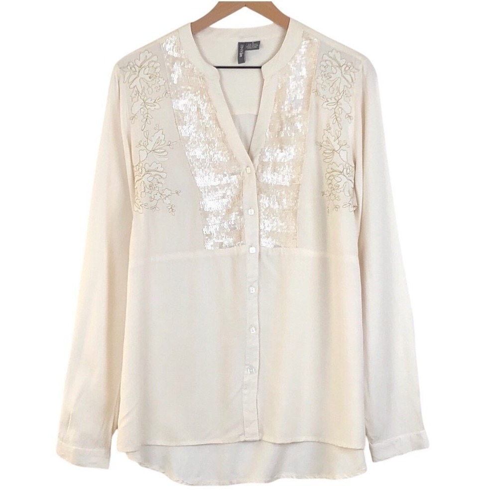 ANU Embroidered Sequin Top Women's Sz S Cream Long Sleeve V-Neck Blouse EC